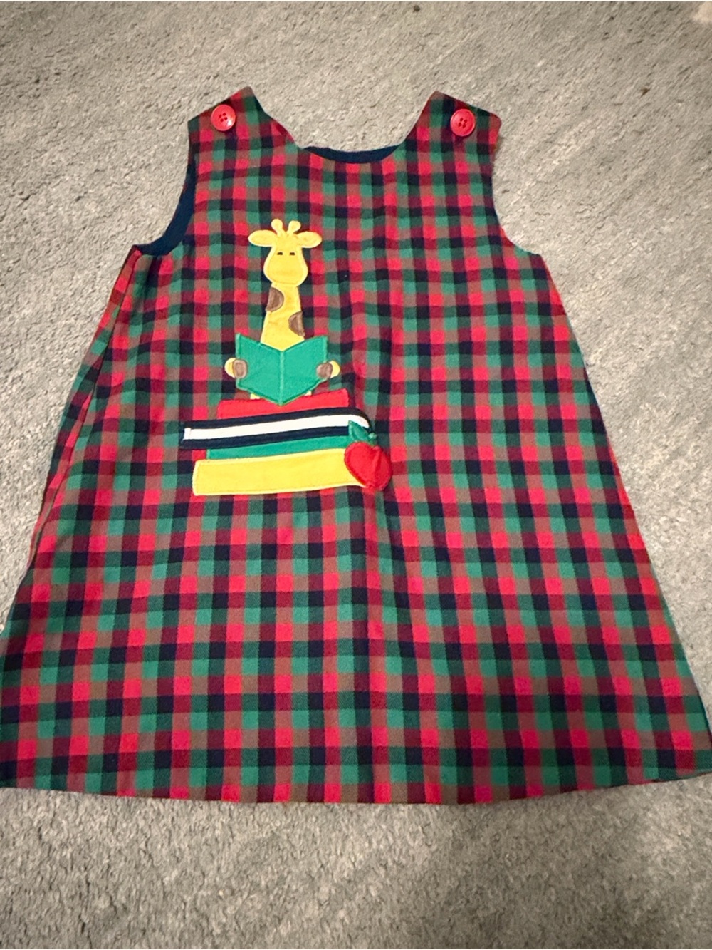 Kelly's Kids Red and Green Plaid Jumper with Giraffe Appliqué